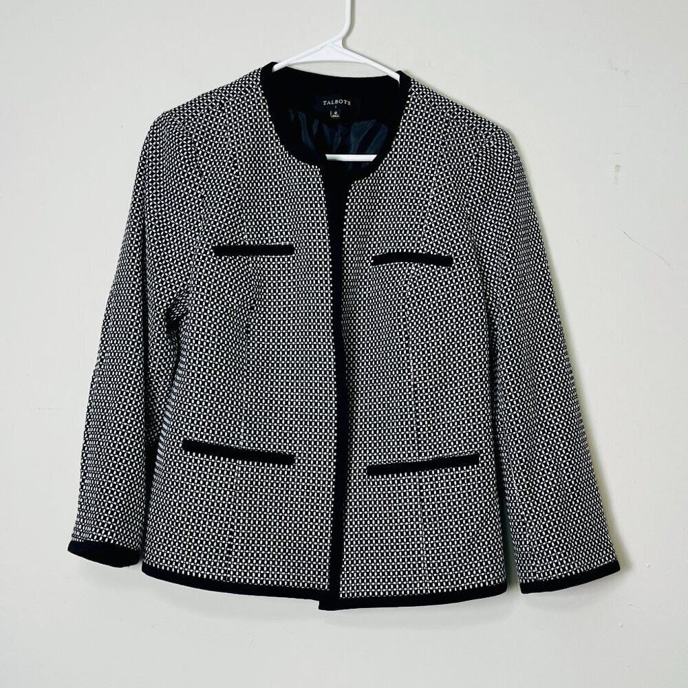 Talbots Blazer Women's 12 Black‎ White Houndstooth Career Office Jacket Grandma